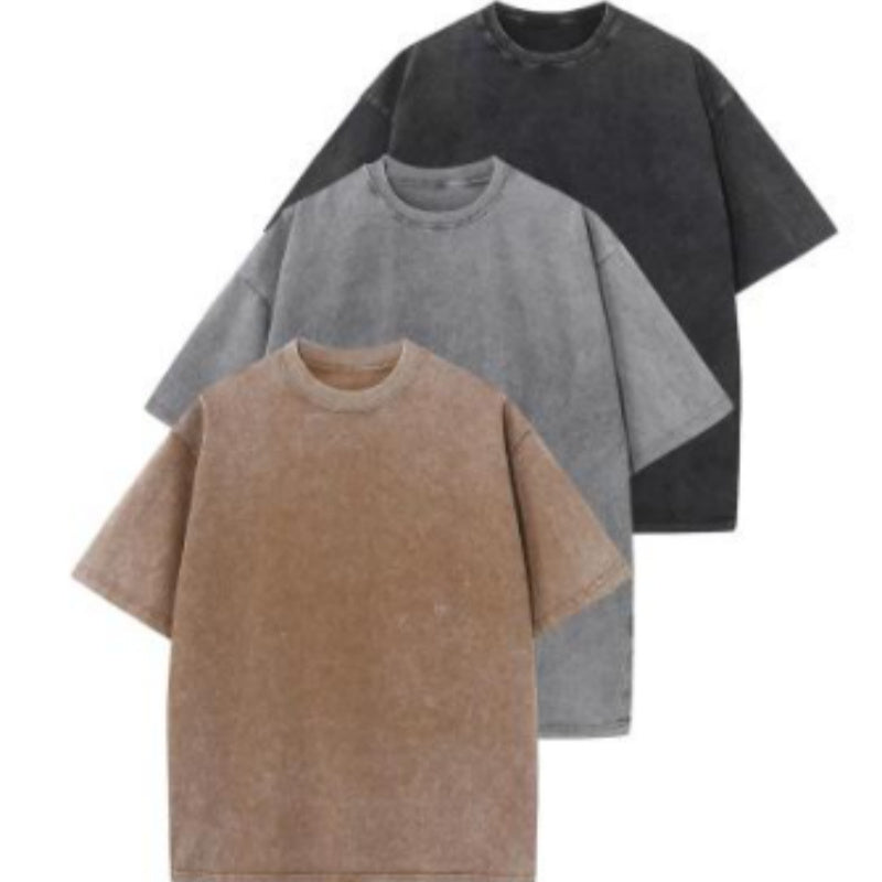 Cotton Heavy Distressed Drop Shoulder Retro Loose Short Sleeve