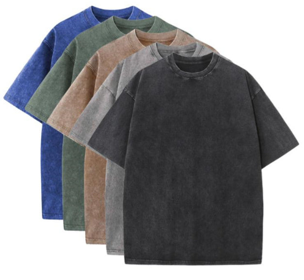 Cotton Heavy Distressed Drop Shoulder Retro Loose Short Sleeve