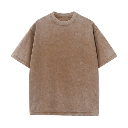 Cotton Heavy Distressed Drop Shoulder Retro Loose Short Sleeve