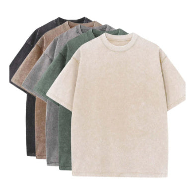 Cotton Heavy Distressed Drop Shoulder Retro Loose Short Sleeve